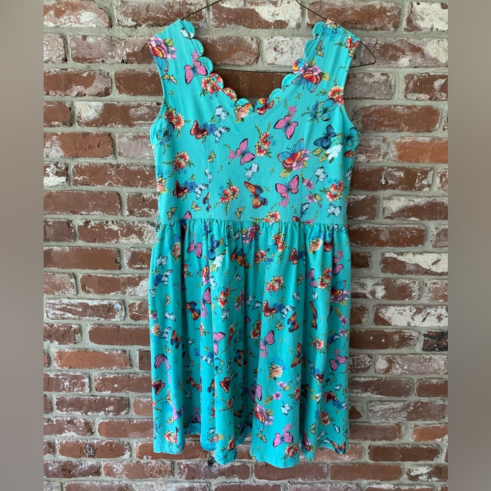 Lindy Bop Turquoise Butterfly Print Scallop Neck Dress